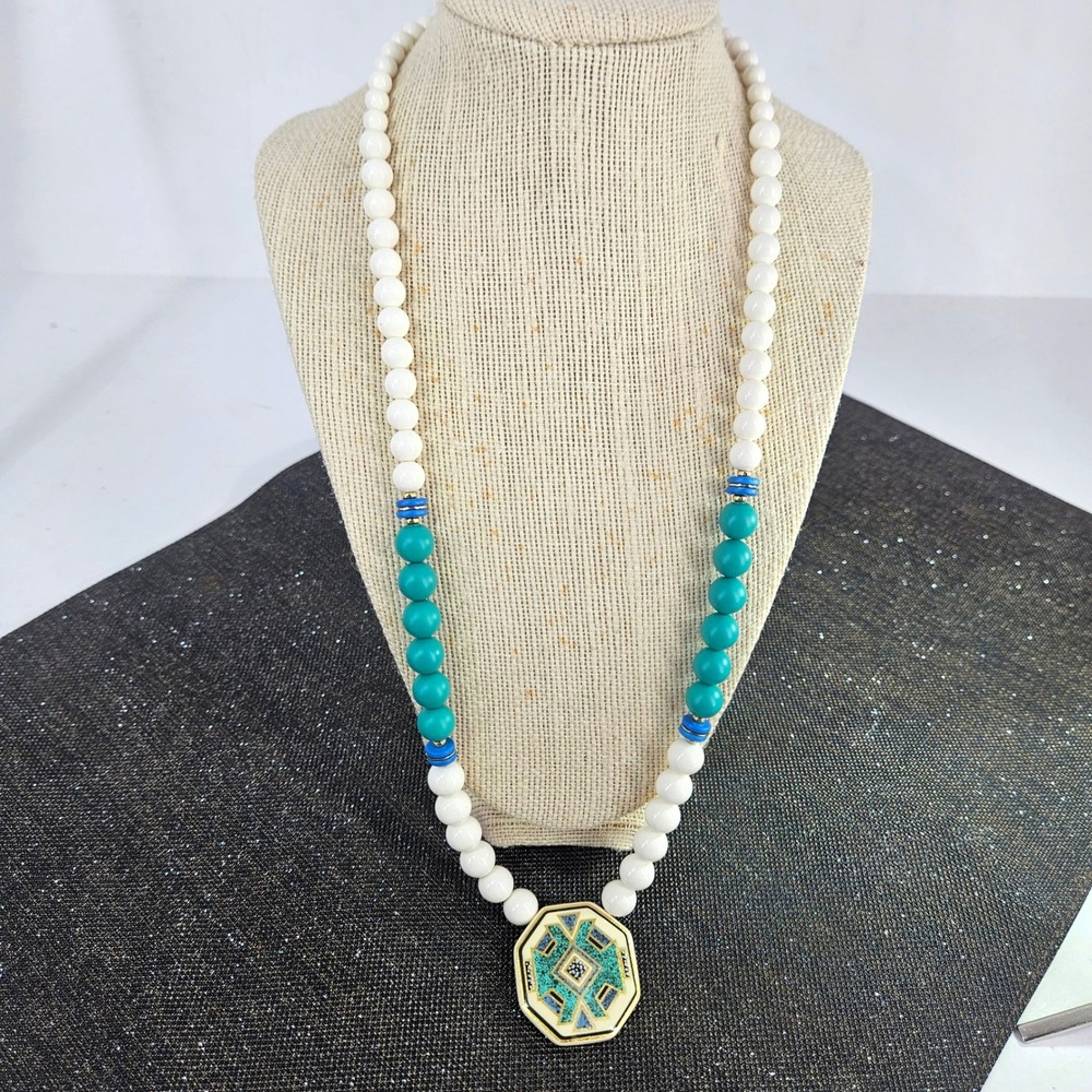 Vintage Southwestern Geometric Enamel Pendant Beaded Necklace White Teal Blue - Picture 2 of 8